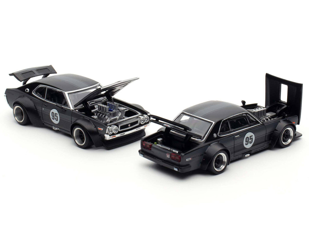 Skyline GT-R V8 Drift "Hakosuka" RHD (Right Hand Drive) #95 Black and Datsun Laurel C130 RHD (Right Hand Drive) Black 2 Car Box Set "Hong Kong Toycar Salon 2025" 1/64 Diecast Model Car by Pop Race-3