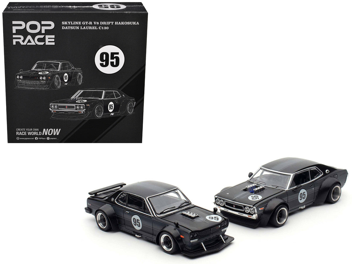 Skyline GT-R V8 Drift "Hakosuka" RHD (Right Hand Drive) #95 Black and Datsun Laurel C130 RHD (Right Hand Drive) Black 2 Car Box Set "Hong Kong Toycar Salon 2025" 1/64 Diecast Model Car by Pop Race-0