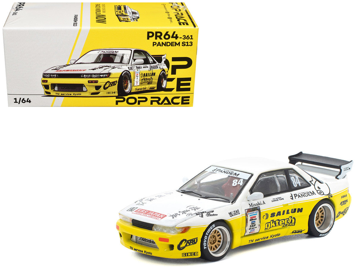 Pandem S13 RHD (Right Hand Drive) #84 White and Yellow with Graphics 1/64 Diecast Model Car by Pop Race Pop Race