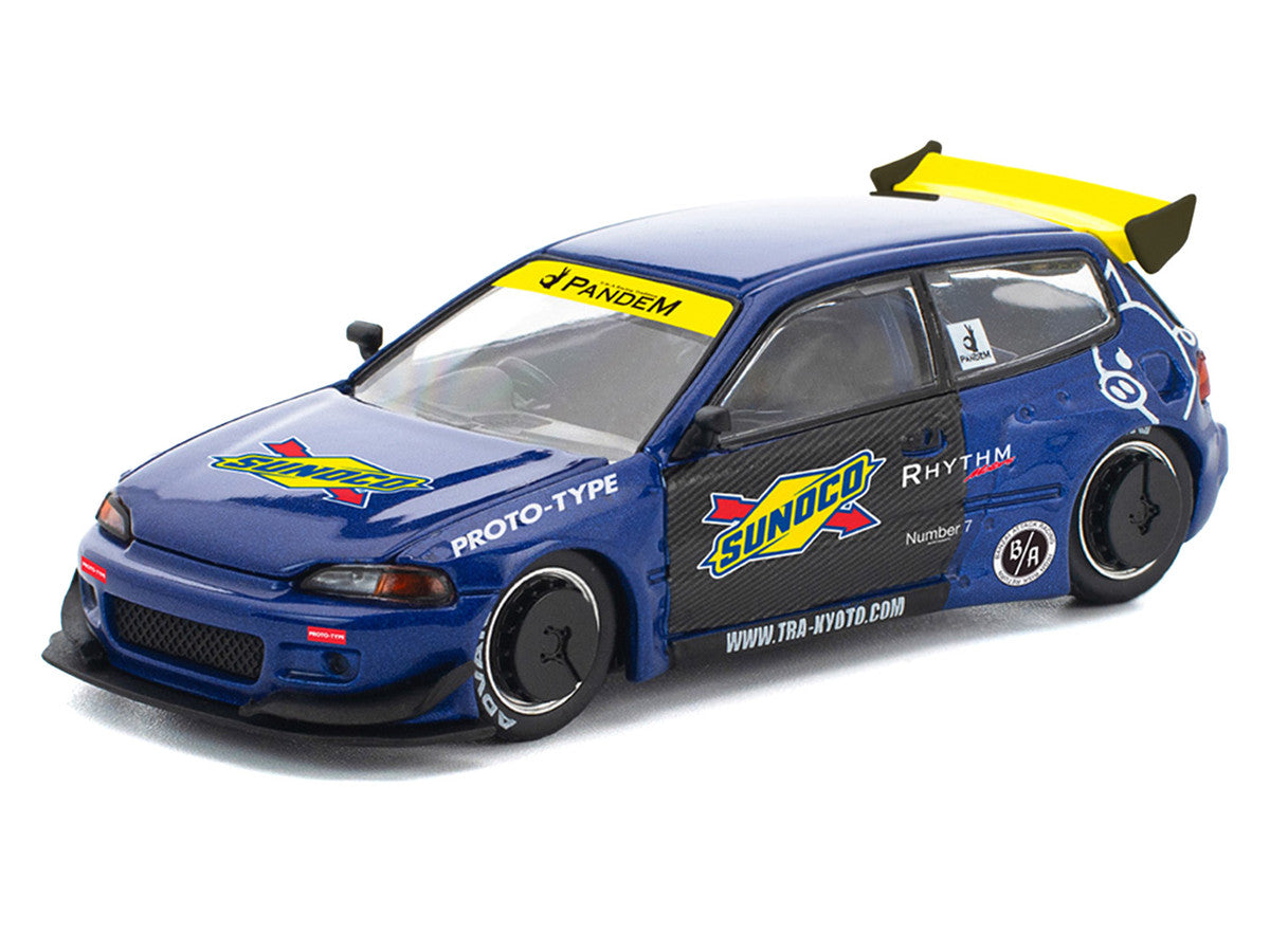 Pandem Civic EG6 RHD (Right Hand Drive) "Sunoco" Blue Metallic with Yellow Accents 1/64 Diecast Model Car by Pop Race Inno Models