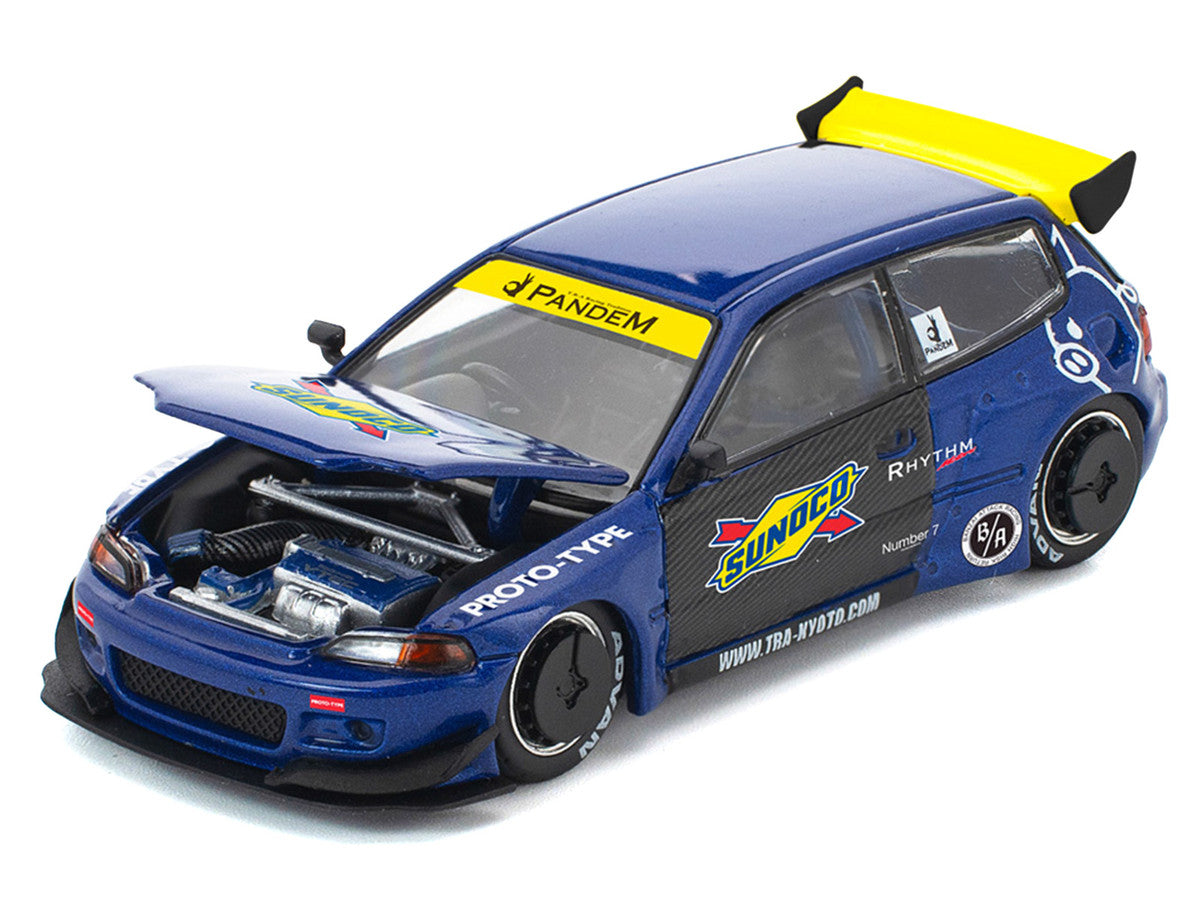 Pandem Civic EG6 RHD (Right Hand Drive) "Sunoco" Blue Metallic with Yellow Accents 1/64 Diecast Model Car by Pop Race Inno Models