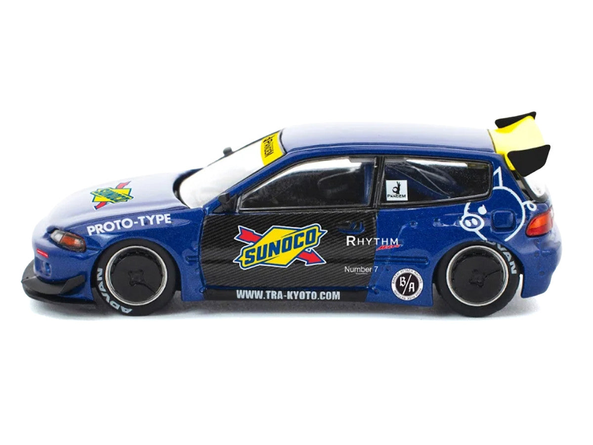 Pandem Civic EG6 RHD (Right Hand Drive) "Sunoco" Blue Metallic with Yellow Accents 1/64 Diecast Model Car by Pop Race Inno Models
