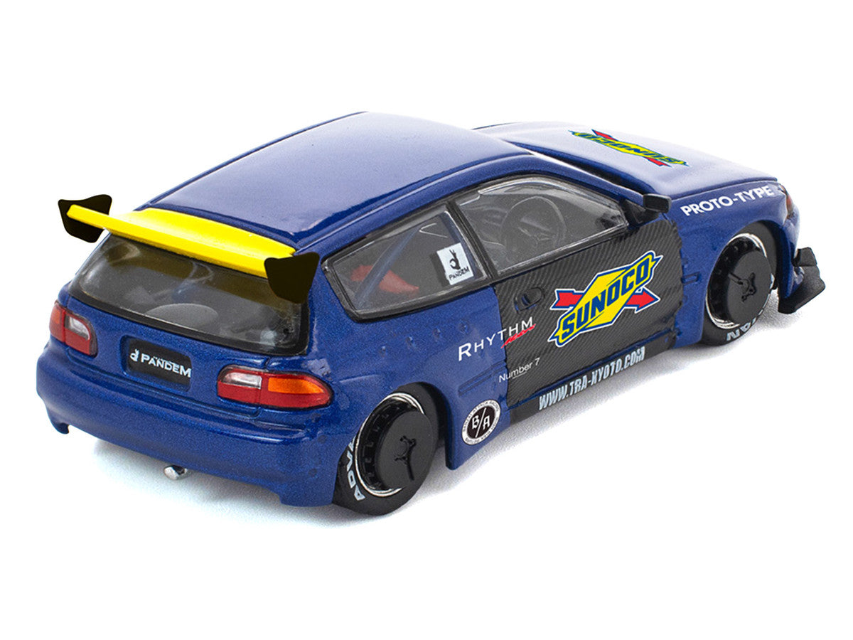 Pandem Civic EG6 RHD (Right Hand Drive) "Sunoco" Blue Metallic with Yellow Accents 1/64 Diecast Model Car by Pop Race Inno Models