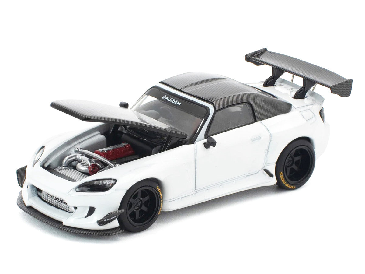 Honda Pandem S2000 RHD (Right Hand Drive) White with Carbon Hood and Top 1/64 Diecast Model Car by Pop Race Pop Race