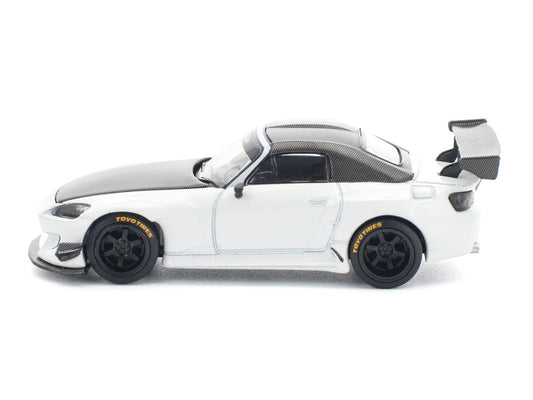 Honda Pandem S2000 RHD (Right Hand Drive) White with Carbon Hood and Top 1/64 Diecast Model Car by Pop Race Pop Race
