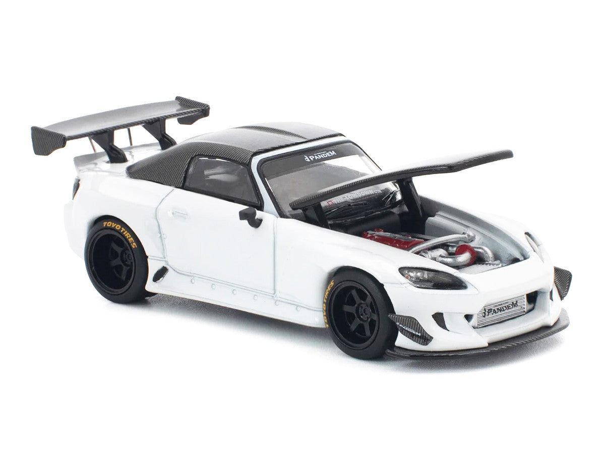 Honda Pandem S2000 RHD (Right Hand Drive) White with Carbon Hood and Top 1/64 Diecast Model Car by Pop Race Pop Race