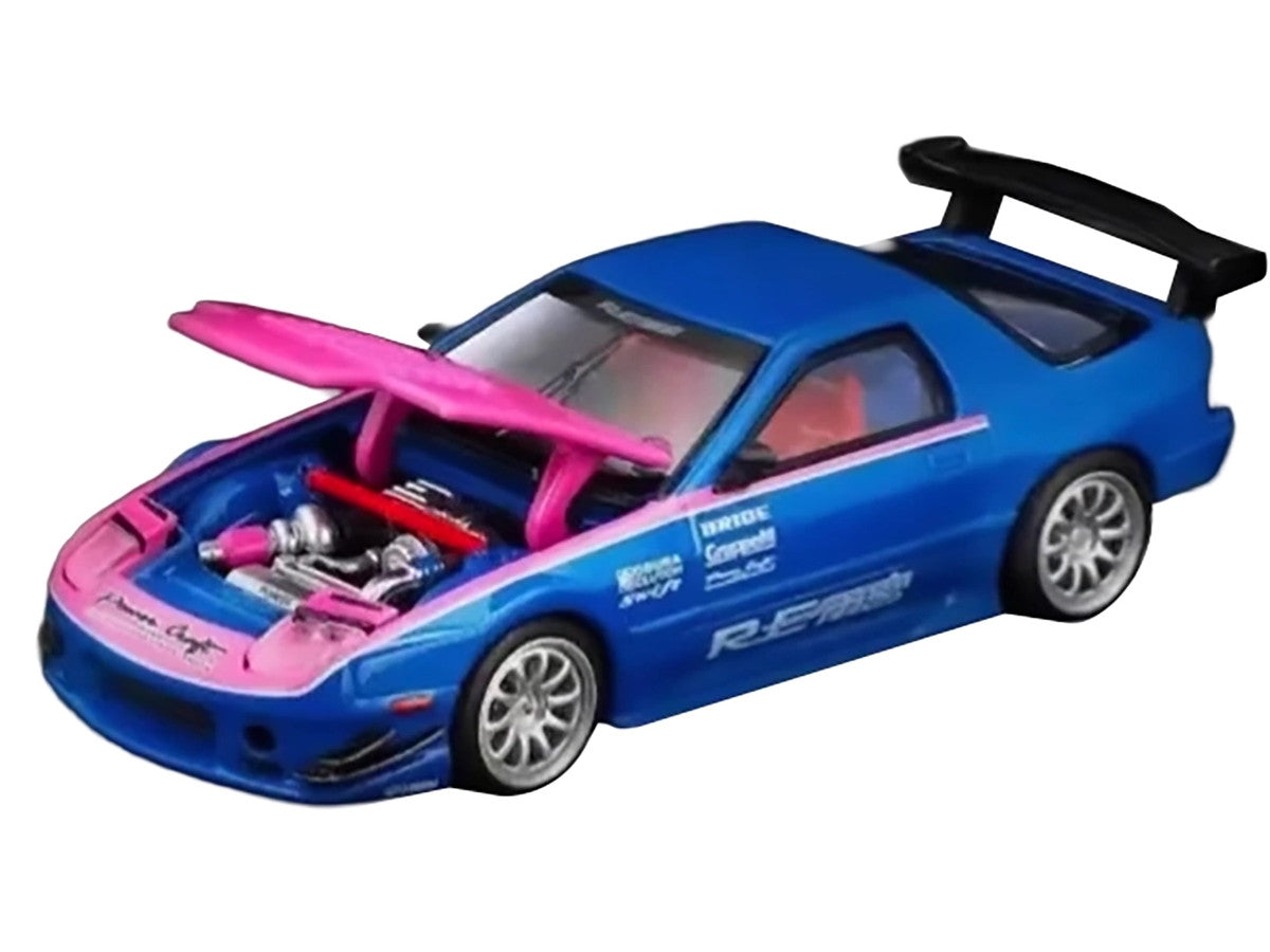 Mazda RX7 (FC3S) RE Amemiya RHD (Right Hand Drive) Blue Metallic with Pink Hood "APA XPO 2025 Exclusive" 1/64 Diecast Model Car by Pop Race Pop Race