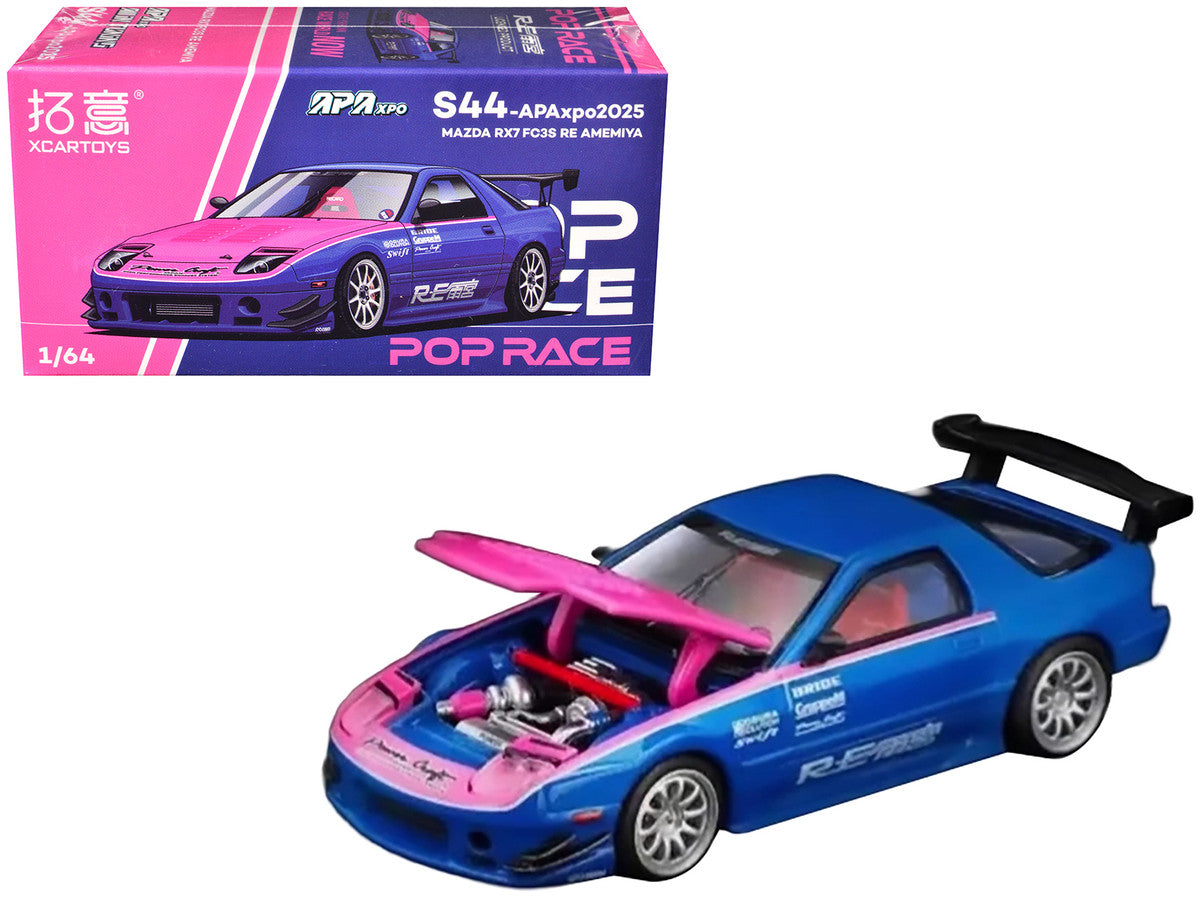 Mazda RX7 (FC3S) RE Amemiya RHD (Right Hand Drive) Blue Metallic with Pink Hood "APA XPO 2025 Exclusive" 1/64 Diecast Model Car by Pop Race Pop Race