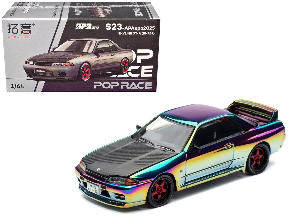 Skyline GT-R (BNR32) RHD (Right Hand Drive) Chameleon Chrome with Carbon Hood "APA XPO 2025 Exclusive 1/64 Diecast Model Car by Pop Race Pop Race