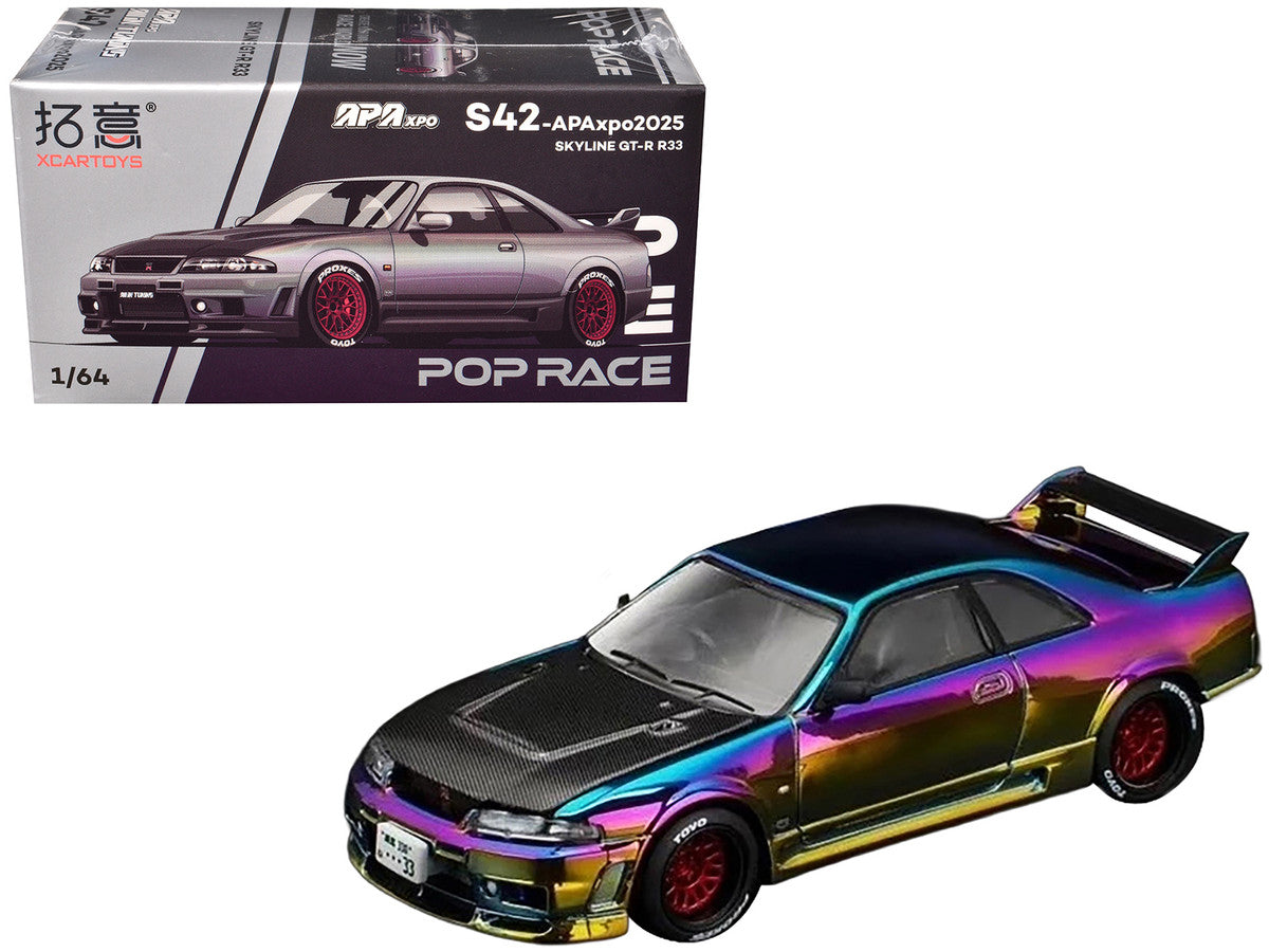 Skyline GT-R (R33) RHD (Right Hand Drive) Chameleon Chrome with Carbon Hood "APA XPO 2025 Exclusive" 1/64 Diecast Model Car by Pop Race Pop Race