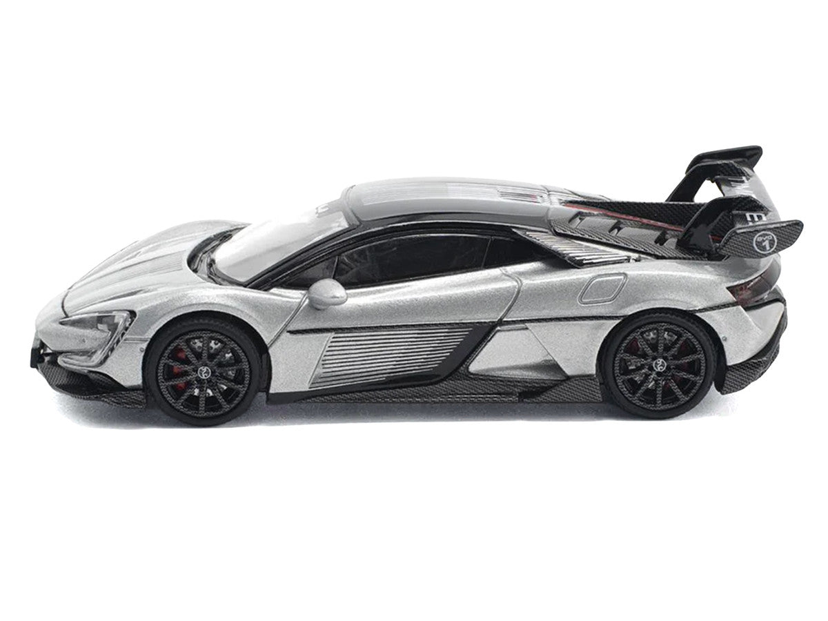 Yangwang U9 Silver Metallic with Black Top and Stripes 1/64 Diecast Model Car by Pop Race Pop Race