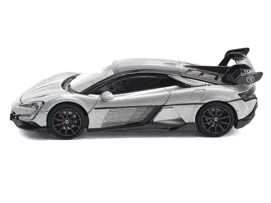 Yangwang U9 Silver Metallic with Black Top and Stripes 1/64 Diecast Model Car by Pop Race Pop Race