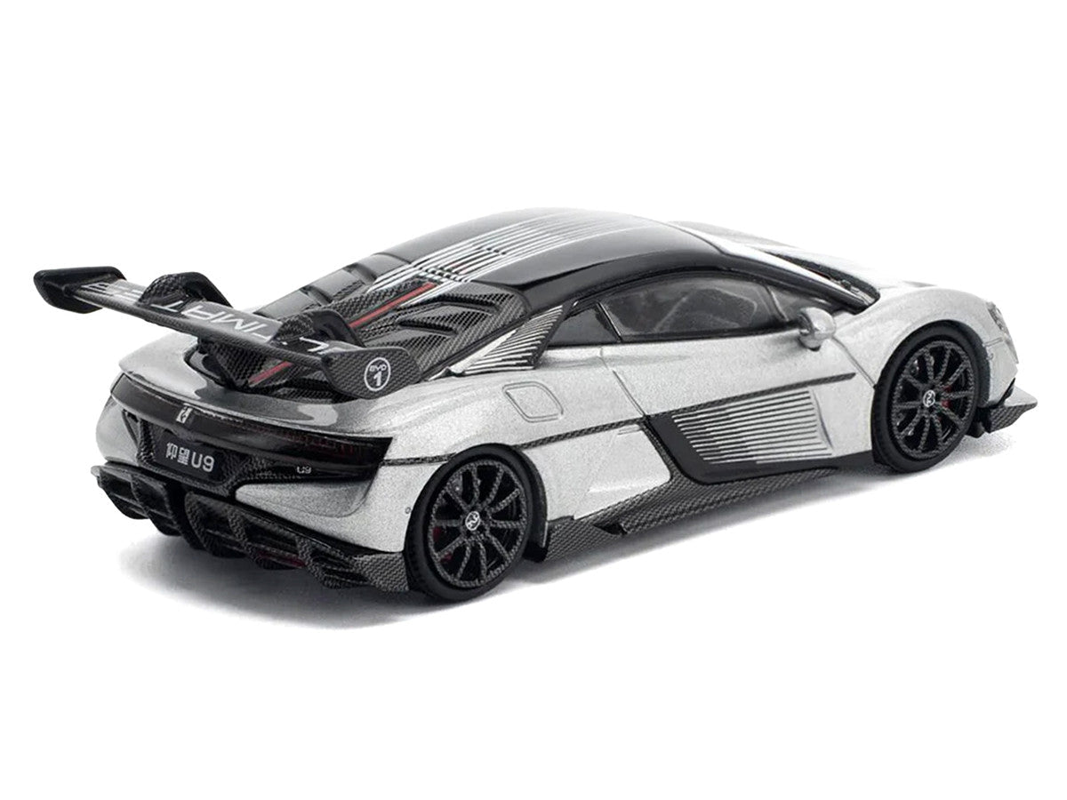 Yangwang U9 Silver Metallic with Black Top and Stripes 1/64 Diecast Model Car by Pop Race Pop Race