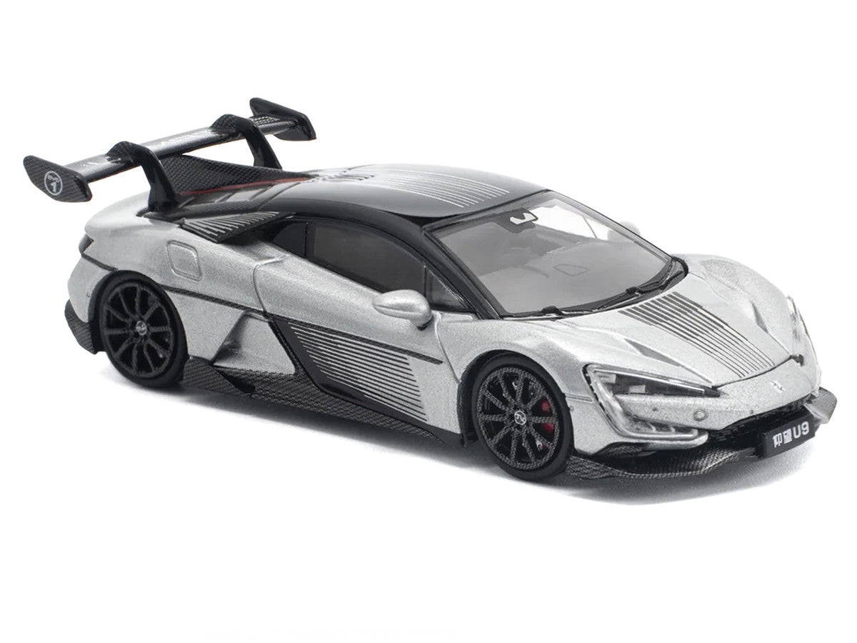 Yangwang U9 Silver Metallic with Black Top and Stripes 1/64 Diecast Model Car by Pop Race Pop Race