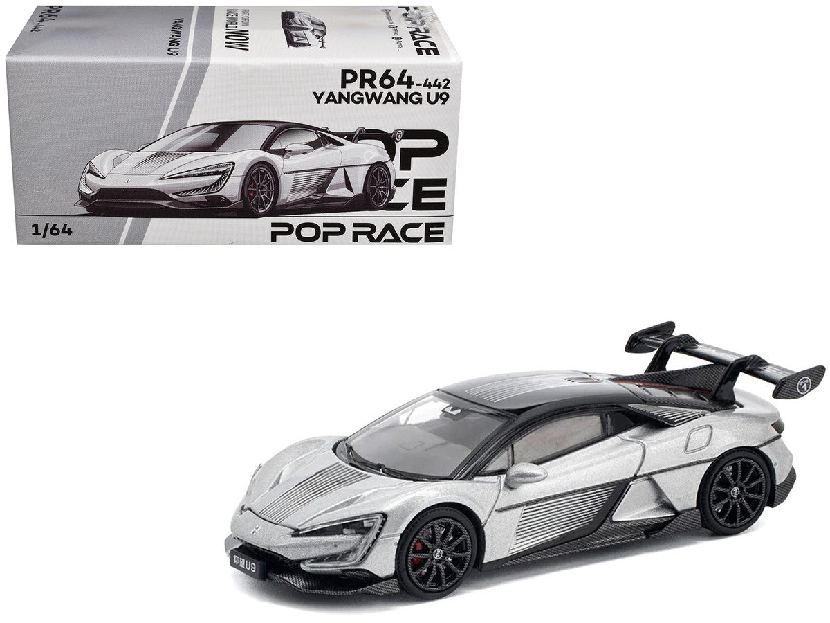 Yangwang U9 Silver Metallic with Black Top and Stripes 1/64 Diecast Model Car by Pop Race Pop Race