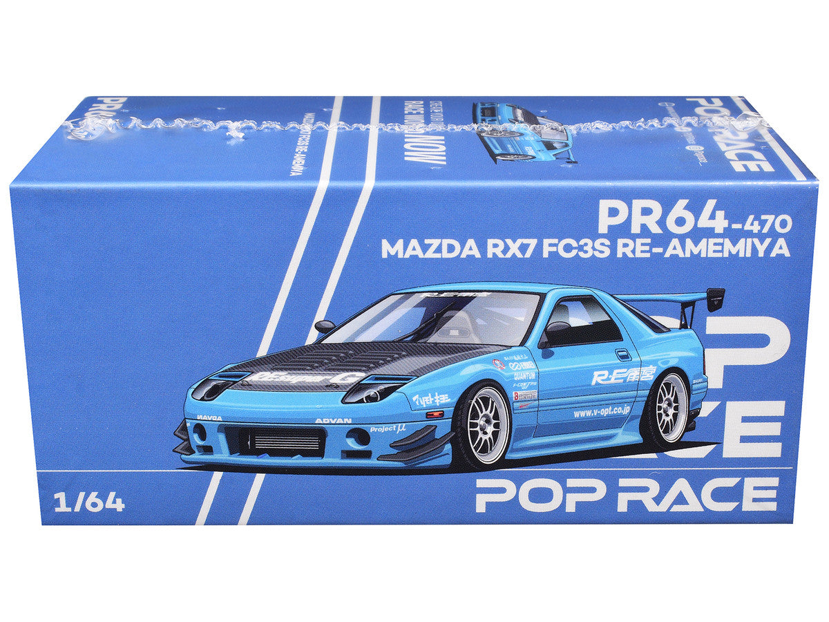 Mazda RX7 (FC3S) RE Amemiya RHD (Right Hand Drive) Light Blue with Carbon Hood "Tokyo Auto Salon 2026" 1/64 Diecast Model Car by Pop Race Pop Race