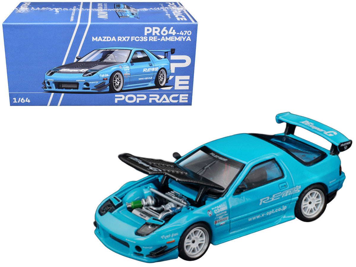Mazda RX7 (FC3S) RE Amemiya RHD (Right Hand Drive) Light Blue with Carbon Hood "Tokyo Auto Salon 2026" 1/64 Diecast Model Car by Pop Race Pop Race