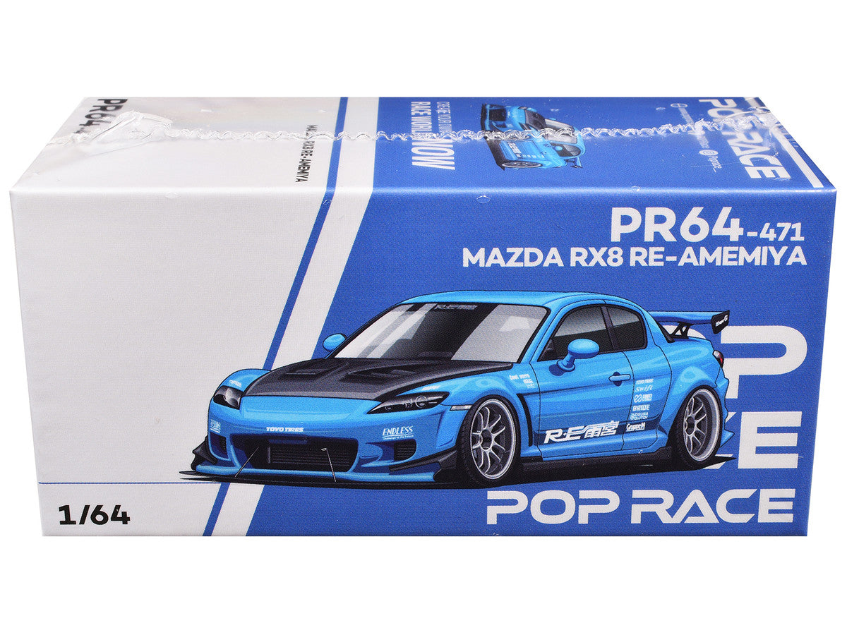 Mazda RX8 RE Amemiya RHD (Right Hand Drive) Light Blue with Carbon Hood "Tokyo Auto Salon 2026" 1/64 Diecast Model Car by Pop Race Pop Race