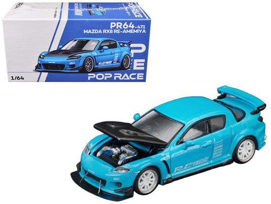 Mazda RX8 RE Amemiya RHD (Right Hand Drive) Light Blue with Carbon Hood "Tokyo Auto Salon 2026" 1/64 Diecast Model Car by Pop Race Pop Race