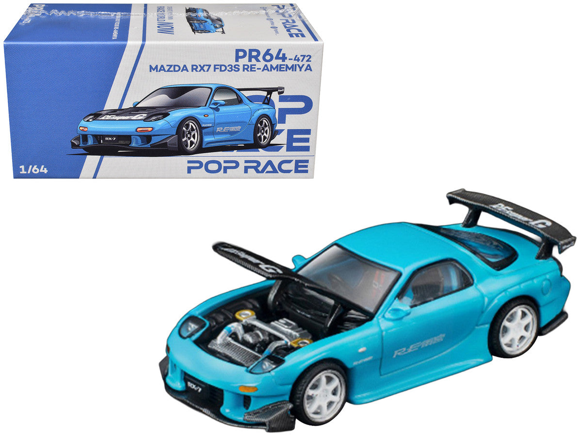 Mazda RX7 (FD3S) RE Amemiya RHD (Right Hand Drive) Light Blue with Carbon Hood "Tokyo Auto Salon 2026" 1/64 Diecast Model Car by Pop Race Pop Race
