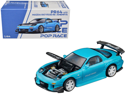Mazda RX7 (FD3S) RE Amemiya RHD (Right Hand Drive) Light Blue with Carbon Hood "Tokyo Auto Salon 2026" 1/64 Diecast Model Car by Pop Race Pop Race