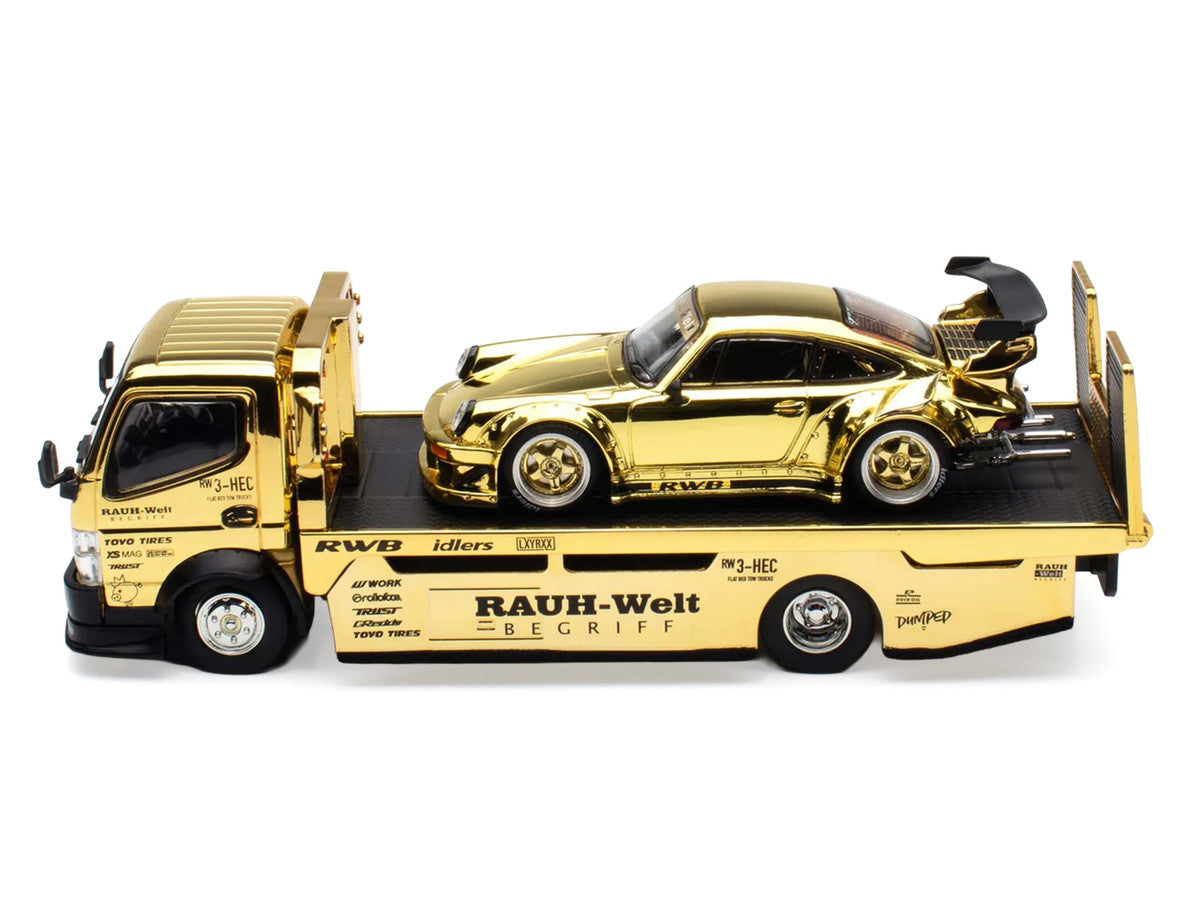Nissan Pandem Fuso-300 Flatbed Truck RHD (Right Hand Drive) Gold Chrome and RWB 930 Gold Chrome with Graphics 2 Car Box Set "Hobby Expo China 2026" 1/64 Diecast Model Car by Pop Race-1