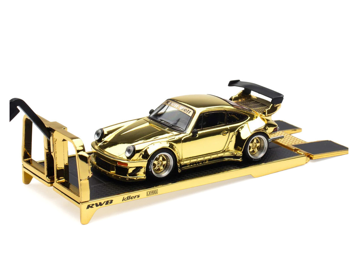 Nissan Pandem Fuso-300 Flatbed Truck RHD (Right Hand Drive) Gold Chrome and RWB 930 Gold Chrome with Graphics 2 Car Box Set "Hobby Expo China 2026" 1/64 Diecast Model Car by Pop Race-0