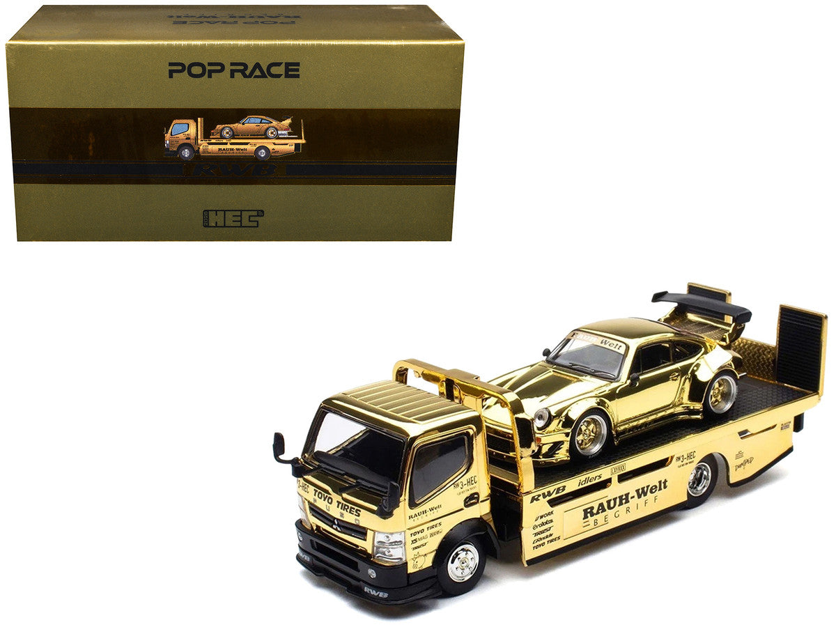 Nissan Pandem Fuso-300 Flatbed Truck RHD (Right Hand Drive) Gold Chrome and RWB 930 Gold Chrome with Graphics 2 Car Box Set "Hobby Expo China 2026" 1/64 Diecast Model Car by Pop Race-4