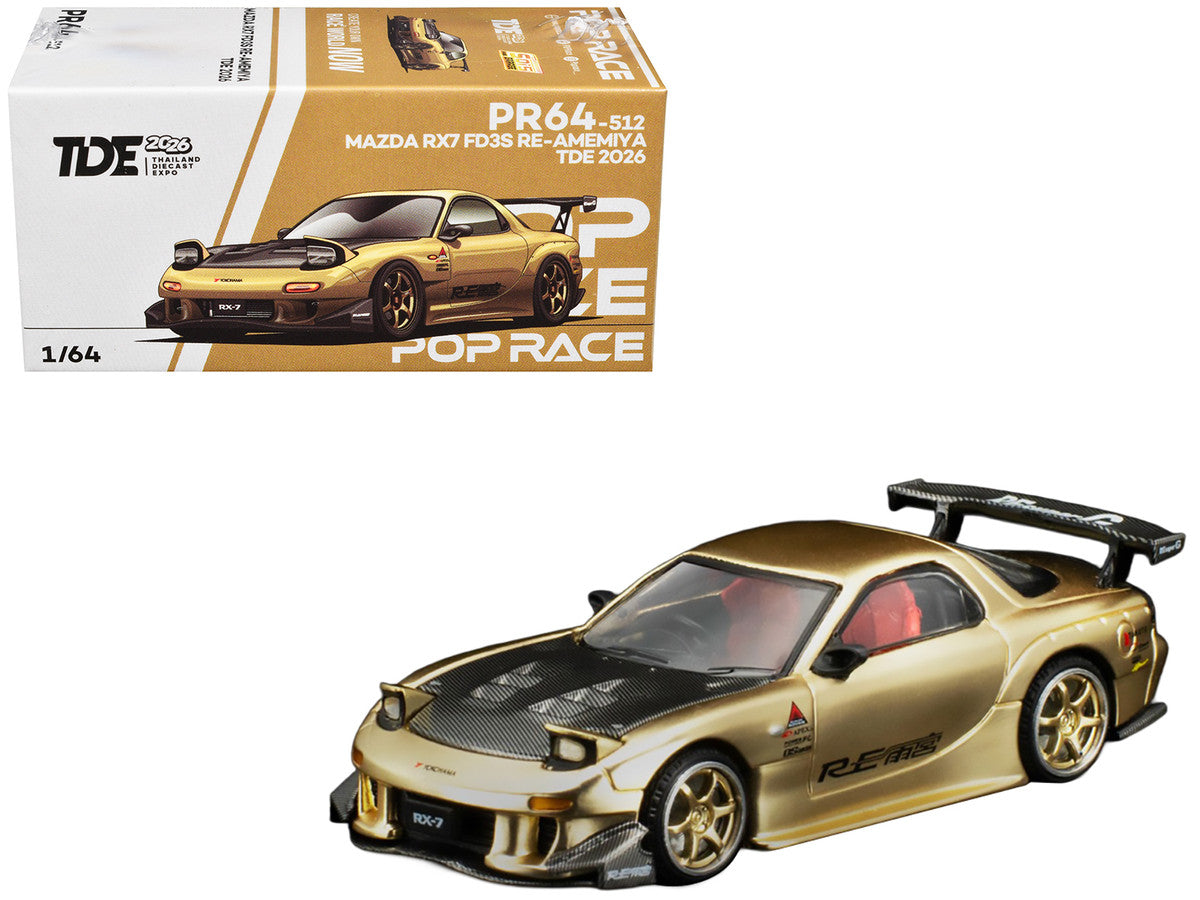 Mazda RX7 (FD3S) RE Amemiya RHD (Right Hand Drive) Gold Metallic with Carbon Hood "Thailand Diecast Expo 2026" 1/64 Diecast Model Car by Pop Race Pop Race