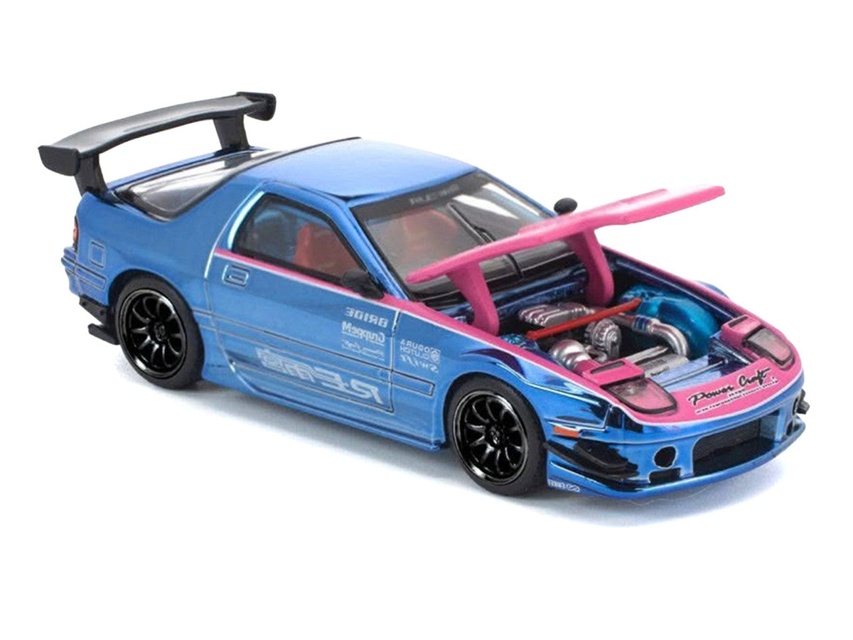 Mazda RX7 (FC3S) RE Amemiya RHD (Right Hand Drive) Blue Chrome with Pink Hood "Street 7 Chrome" 1/64 Diecast Model Car by Pop Race Pop Race