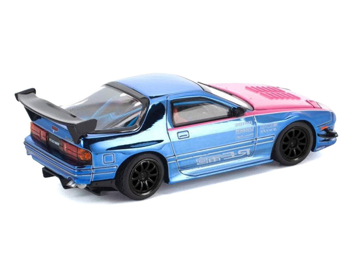Mazda RX7 (FC3S) RE Amemiya RHD (Right Hand Drive) Blue Chrome with Pink Hood "Street 7 Chrome" 1/64 Diecast Model Car by Pop Race Pop Race