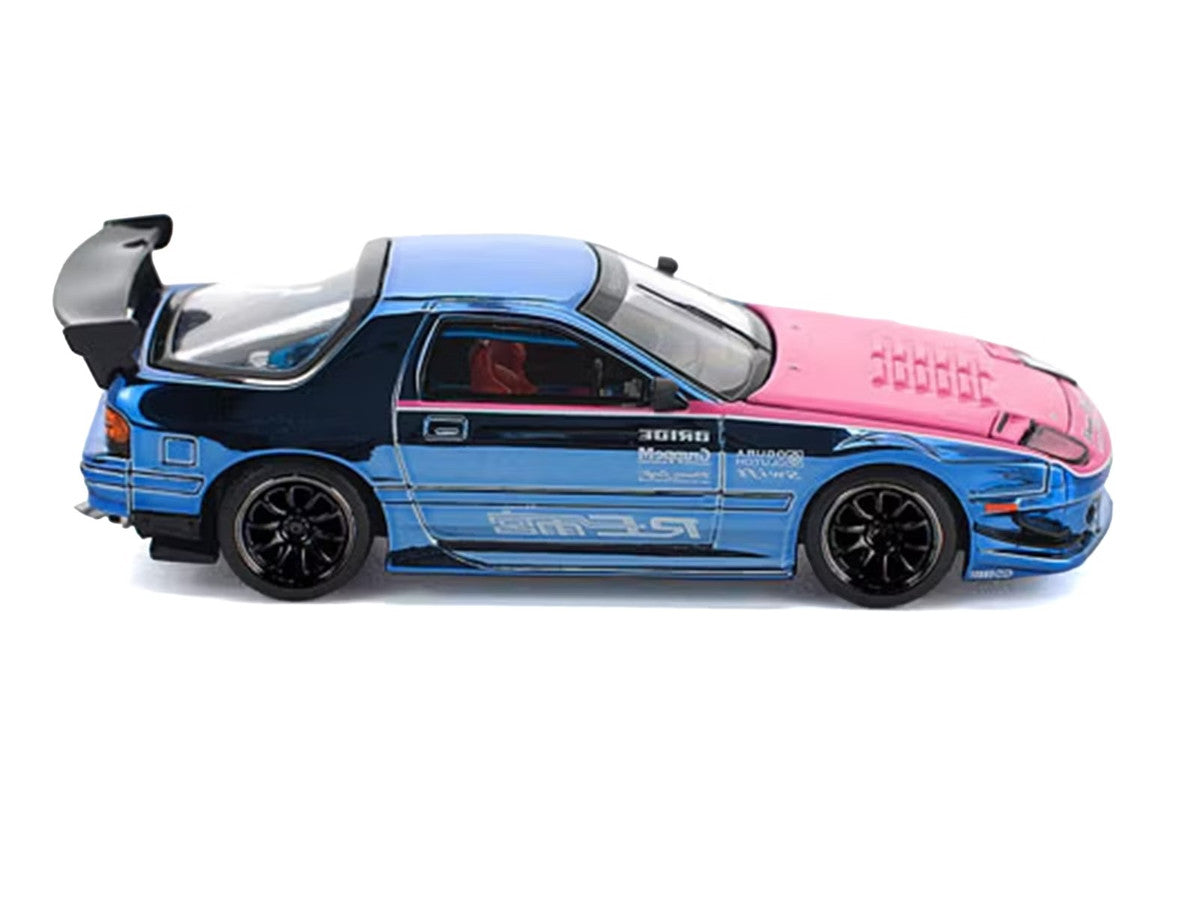 Mazda RX7 (FC3S) RE Amemiya RHD (Right Hand Drive) Blue Chrome with Pink Hood "Street 7 Chrome" 1/64 Diecast Model Car by Pop Race Pop Race