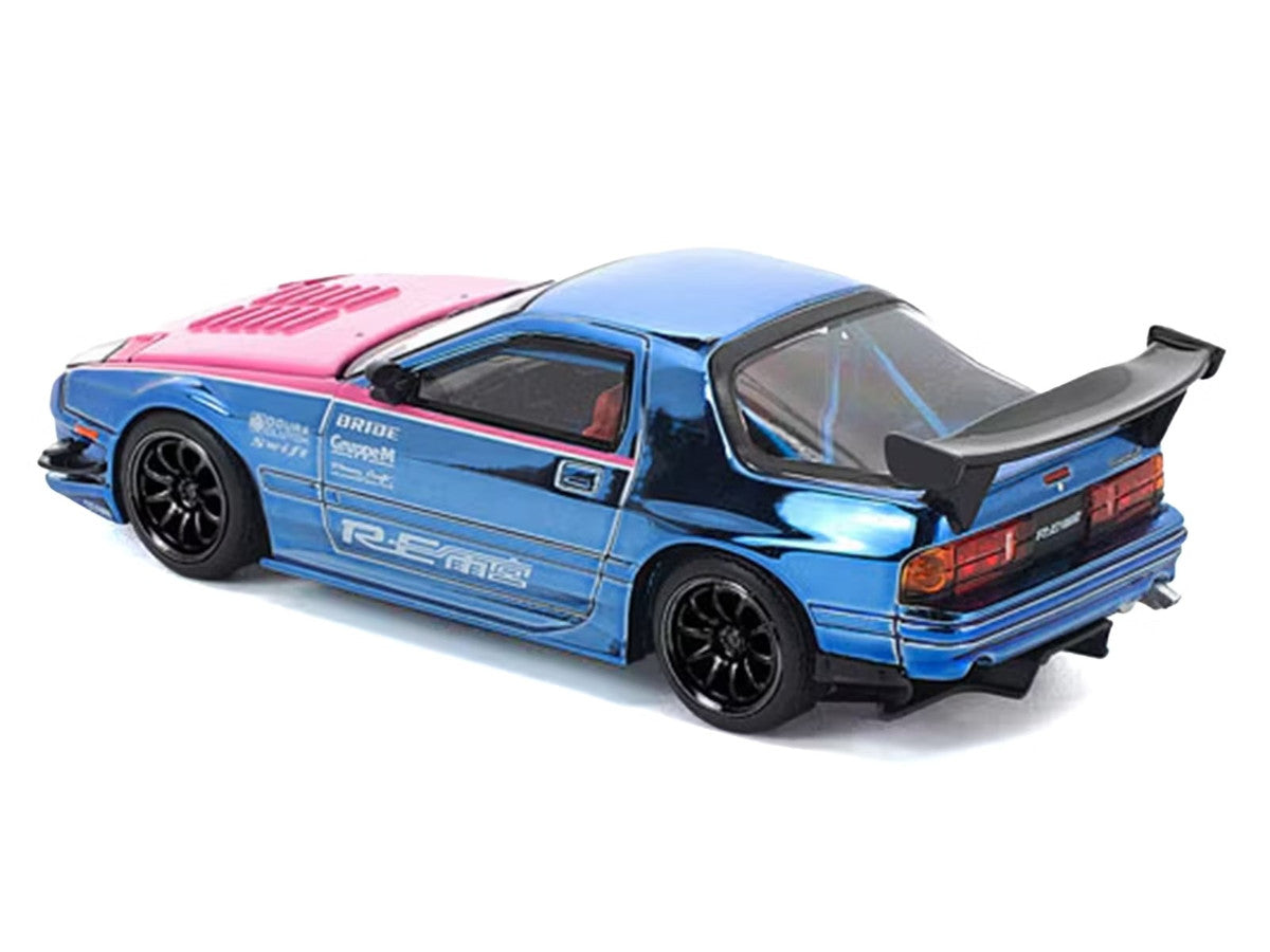 Mazda RX7 (FC3S) RE Amemiya RHD (Right Hand Drive) Blue Chrome with Pink Hood "Street 7 Chrome" 1/64 Diecast Model Car by Pop Race Pop Race