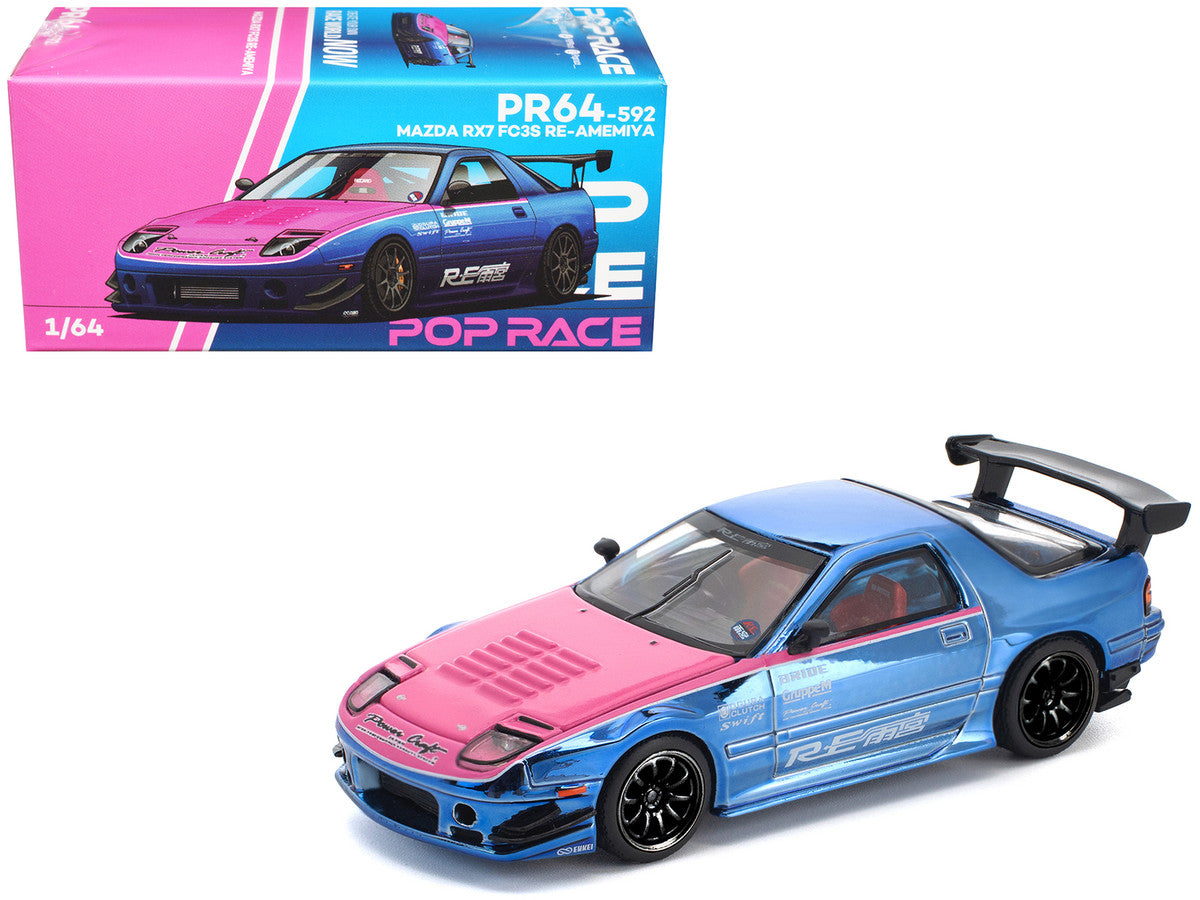 Mazda RX7 (FC3S) RE Amemiya RHD (Right Hand Drive) Blue Chrome with Pink Hood "Street 7 Chrome" 1/64 Diecast Model Car by Pop Race Pop Race