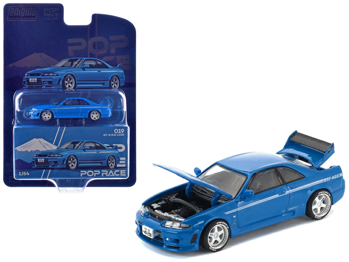 GT-R R33 400R RHD (Right Hand Drive) Champion Blue with White Stripes "Enigma Exclusive Edition" 1/64 Die Cast Model Car by Pop Race Pop Race