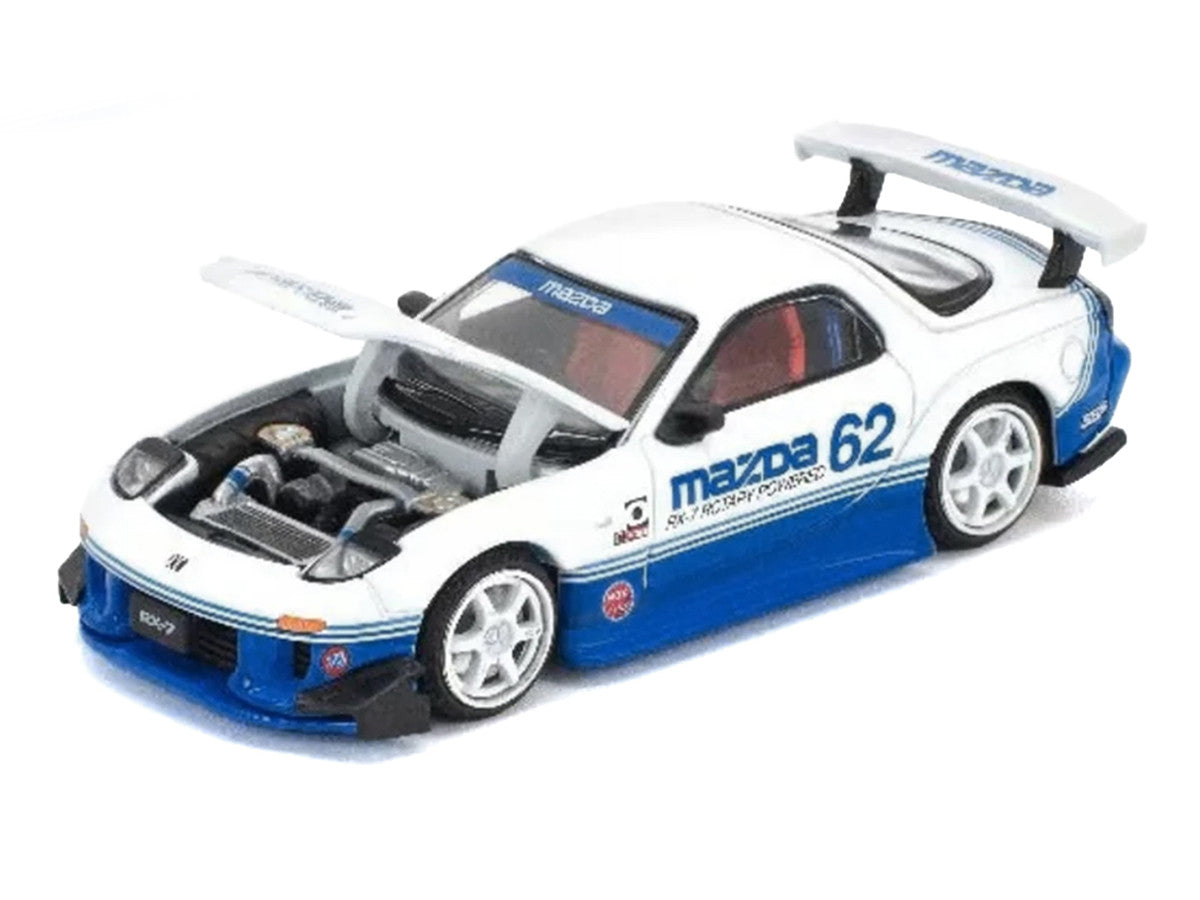 Mazda RX7 RE-Amemiya RHD (Right Hand Drive) #62 White and Blue with Graphics "Enigma Exclusive Edition" 1/64 Diecast Model Car by Pop Race Pop Race