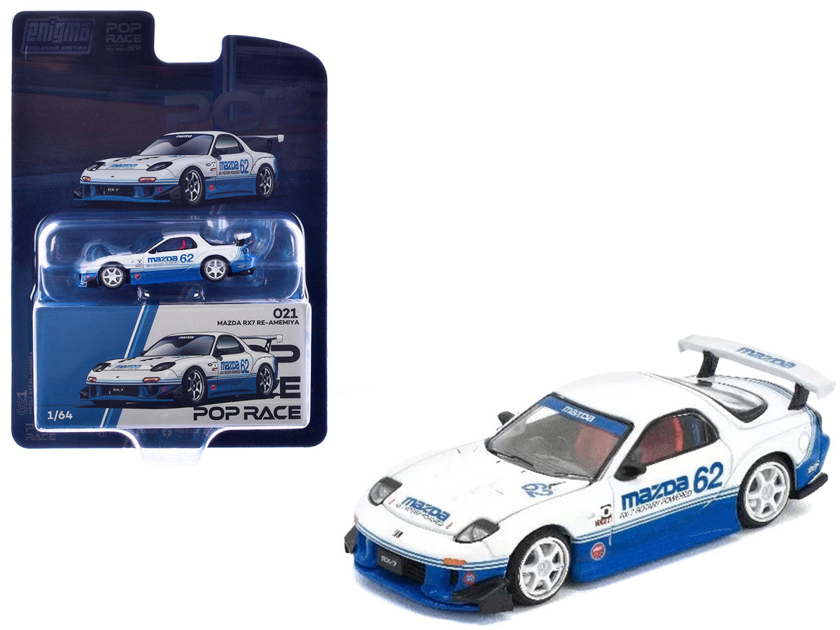 Mazda RX7 RE-Amemiya RHD (Right Hand Drive) #62 White and Blue with Graphics "Enigma Exclusive Edition" 1/64 Diecast Model Car by Pop Race Pop Race