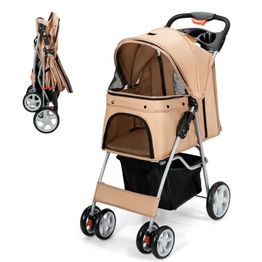 Folding Pet Stroller with Storage Basket and Adjustable Canopy-Navy W2B