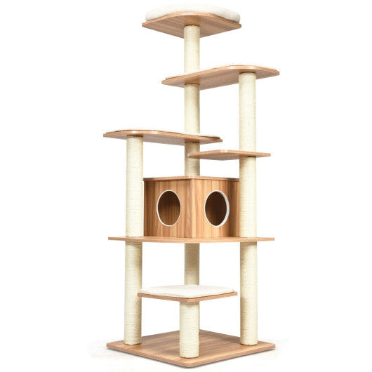 7-Layer Wooden Cat Tree Tall Cat Tower with Sisal Posts and Condo-Natural W2B