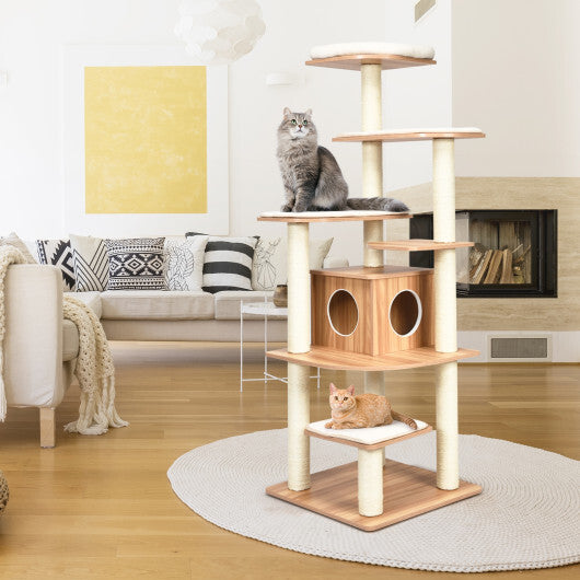 7-Layer Wooden Cat Tree Tall Cat Tower with Sisal Posts and Condo-Natural W2B