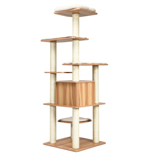 7-Layer Wooden Cat Tree Tall Cat Tower with Sisal Posts and Condo-Natural W2B