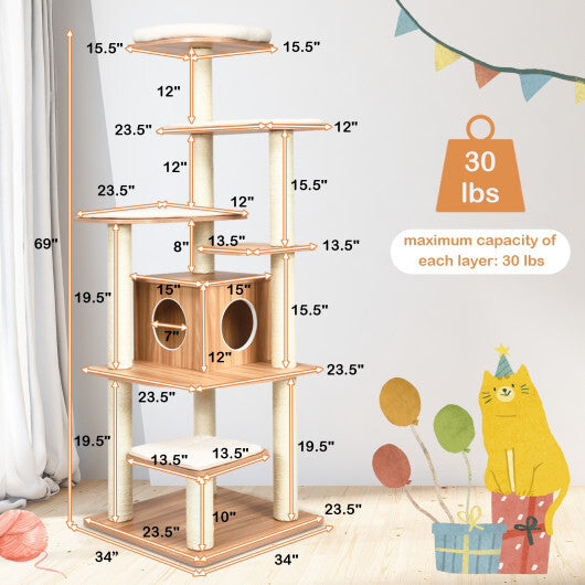 7-Layer Wooden Cat Tree Tall Cat Tower with Sisal Posts and Condo-Natural W2B
