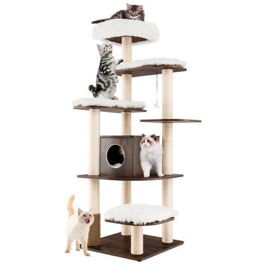 7-Layer Wooden Cat Tree Tall Cat Tower with Sisal Posts and Condo-Natural W2B