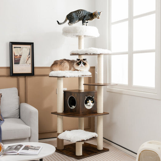 7-Layer Wooden Cat Tree Tall Cat Tower with Sisal Posts and Condo-Natural W2B