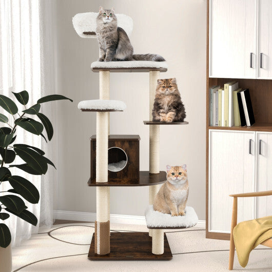 7-Layer Wooden Cat Tree Tall Cat Tower with Sisal Posts and Condo-Natural W2B