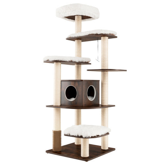 7-Layer Wooden Cat Tree Tall Cat Tower with Sisal Posts and Condo-Natural W2B