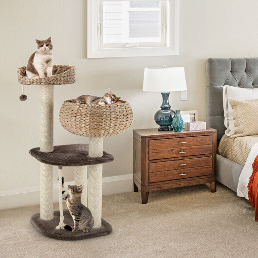41 Inch Rattan Cat Tree with Napping Perch-Brown - Color: Brown W2B