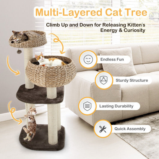41 Inch Rattan Cat Tree with Napping Perch-Brown - Color: Brown W2B