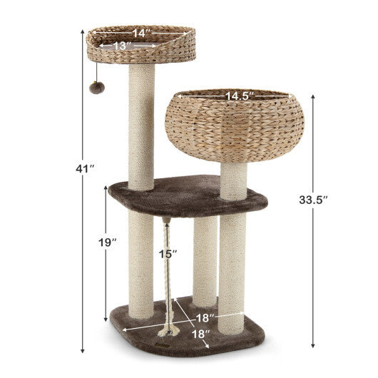 41 Inch Rattan Cat Tree with Napping Perch-Brown - Color: Brown W2B