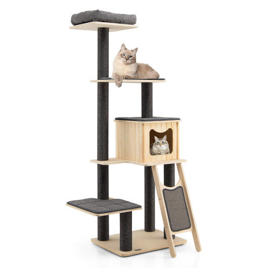 5-Tier Modern Wood Cat Tower with Washable Cushions-Gray W2B